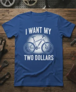 I Want My Two Dollars funny mountain biker quote with a bicycle graphic on a blue t-shirt