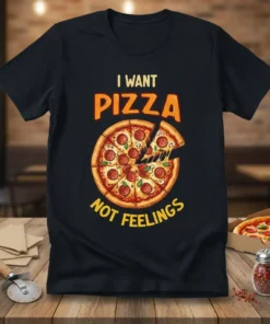 I Want Pizza Not Feelings quote with a delicious pepperoni pizza graphic on a black t-shirt