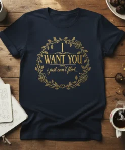 Navy t-shirt with gold text "I WANT YOU i just can’t flirt..." inside a floral wreath design