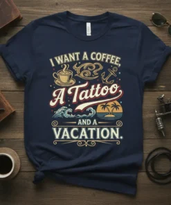 Navy t-shirt with "I Want a Coffee, A Tattoo and a Vacation" text and graphics of coffee cup, anchor, waves