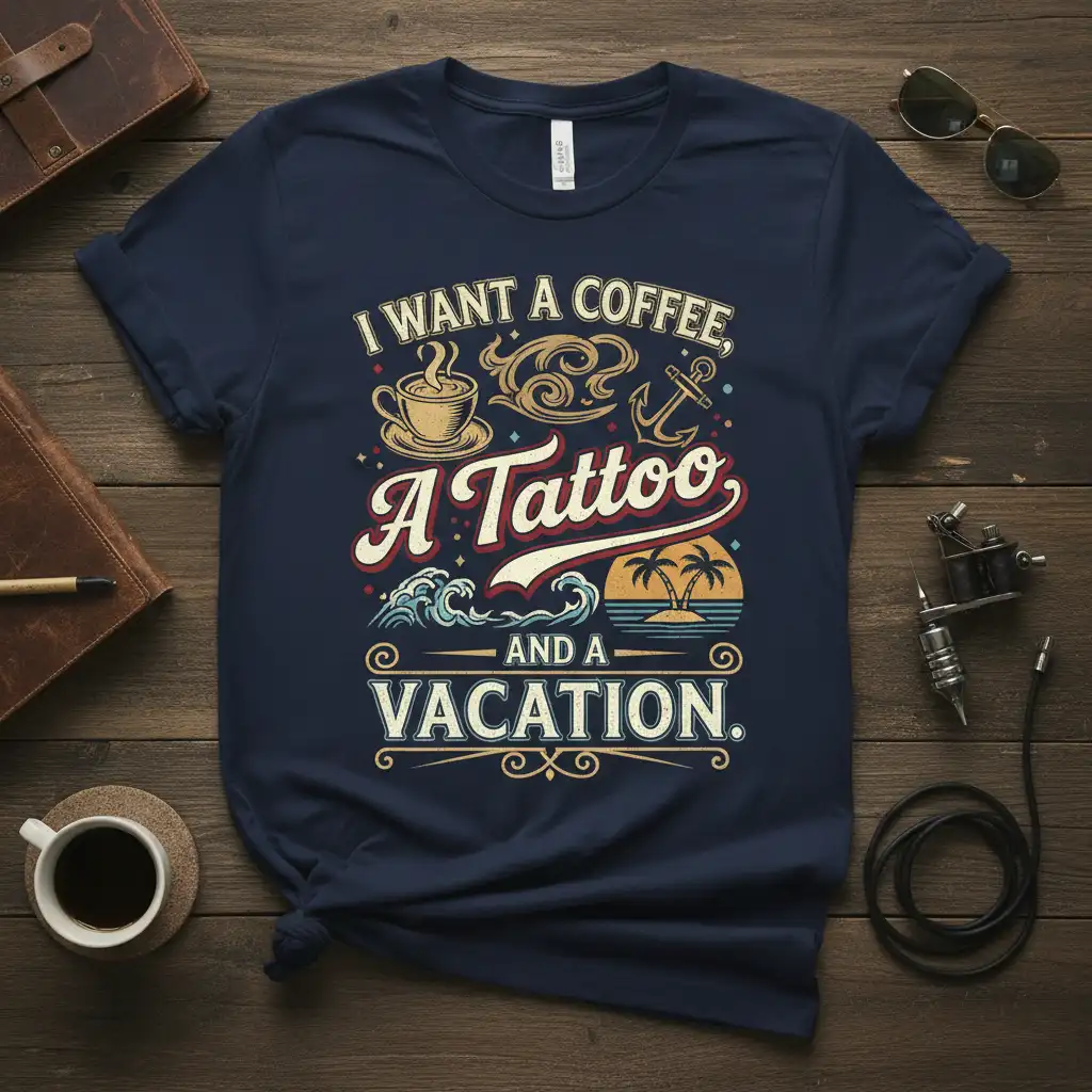 I Want a Coffee, A Tattoo and a Vacation text and graphics on a navy blue t-shirt design