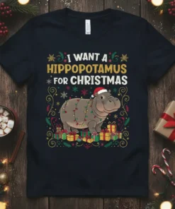 I Want A Hippopotamus For Christmas t-shirt design with a cartoon hippo wearing a Santa hat and wrapped in festive