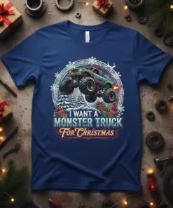 I Want A Monster Truck For Christmas text with a monster truck graphic, snow, and presents, on a blue t-shirt