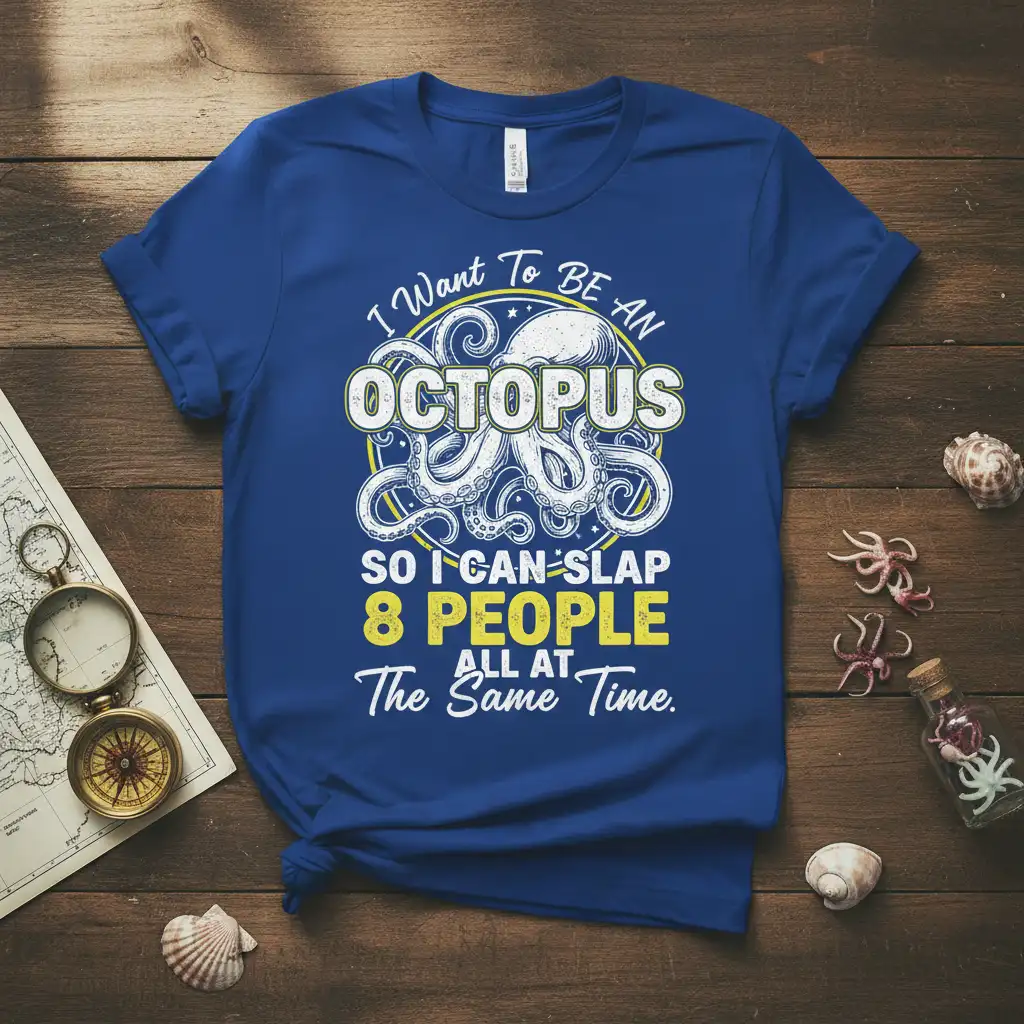 Funny I Want To Be An Octopus quote with a detailed octopus graphic on a blue t-shirt