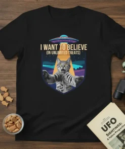 I WANT TO BELIEVE (IN UNLIMITED TREATS) cat UFO t-shirt design with a tabby cat being beamed up by a