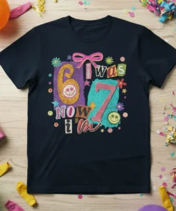 I was 6 now I'm 7 birthday girl t-shirt with colorful retro design and smiley faces