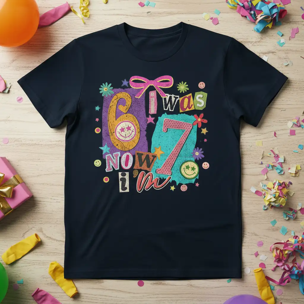 I Was 6 Now I'm 7 birthday t-shirt with colorful retro graphic and happy smiley icons