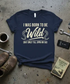 Navy t-shirt with white text "I WAS BORN TO BE Wild (BUT ONLY TILL 9PM OR 50)" design featuring decorative