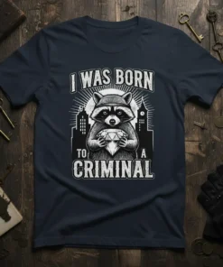 I Was Born To Criminal t-shirt featuring a raccoon holding a diamond with city skyline in the background and distressed