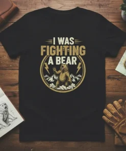 Black t-shirt with "I Was Fighting A Bear" text and a graphic of a grizzly bear in mountains, lightning bolts