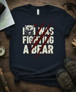 Navy blue t-shirt with white text "I Was Fighting A Bear" and a graphic of a roaring bear face and