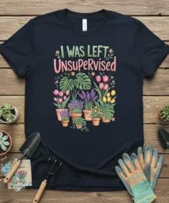 I WAS LEFT UnSupervised gardening t-shirt with potted plants and flowers design