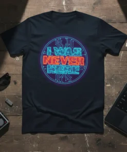 I Was Never Here quote in neon-style font on a dark t-shirt with circuit board background graphic