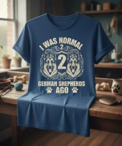 T-shirt with the text "I Was Normal 2 German Shepherds Ago" and two German Shepherd faces