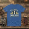 I Was Normal 2 Labradors Ago quote on a blue t-shirt with golden labrador graphics and paw prints