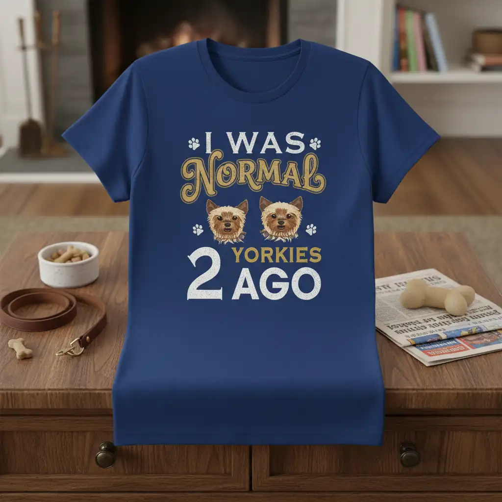 I WAS NORMAL 2 YORKIES AGO quote with two Yorkshire Terrier graphics on a dark blue t-shirt design