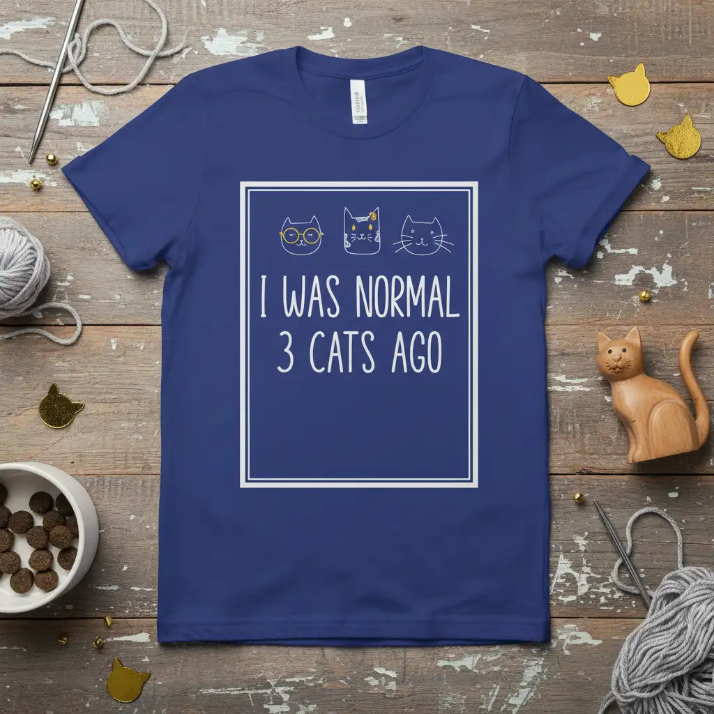 I Was Normal 3 Cats Ago quote tee with three illustrated cats, celebrating cat ownership humor