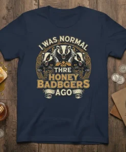 Funny "I Was Normal Thre Honey Badbgers Ago" badger quote t-shirt design with three badgers in a circular emblem