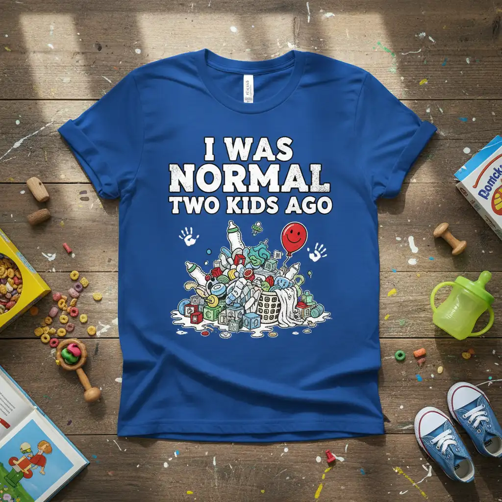 I Was Normal Two Kids Ago humorous quote on a blue t-shirt design with cartoon baby essentials