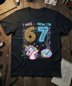 "I Was Now I'm 6 7" birthday t-shirt design with a dabbing unicorn, rocket, and neon numbers 6 and 7