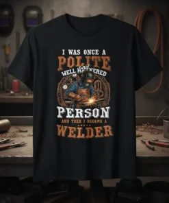 T-shirt design with text "I Was Once a Polite and Well-Mannered Person And Then I Became a Welder" above a