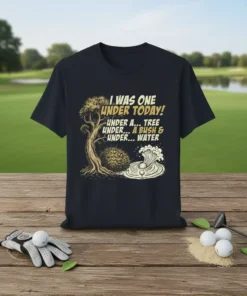 I Was One Under Today funny golf quote t-shirt with tree, bush, and water hazard graphic
