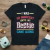 I Was So Innocent Until My Bestie Came Along quote t-shirt design with playful typography in pink, white, and blue