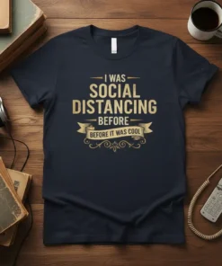 I Was Social Distancing Before It Was Cool text design on a navy t-shirt, featuring gold distressed typography and a