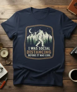 Bigfoot graphic tee with text "I Was Social Distancing Before It Was Cool" against a mountain and forest scene