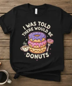 I Was Told There Would Be Donuts T-Shirt with stack of colorful donuts and coffee cup graphic