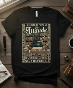 Black cat wearing glasses reading a book and drinking coffee, with the quote "I Was Told To Check My Attitude"