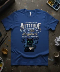 Black cat wearing a crown holding a teacup with text "I WAS TOLD TO CHECK MY ATTITUDE I DID IT'S