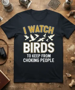 T-shirt with the text "I WATCH BIRDS TO KEEP FROM CHOKING PEOPLE" and flying bird graphics