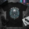 I Wear Black Until There's Something Darker skull graphic t-shirt with blue glowing eyes and metal accents