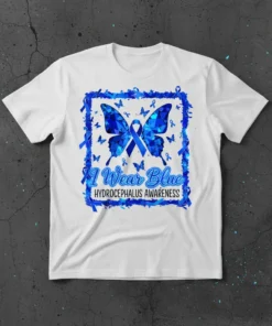 I Wear Blue Hydrocephalus Awareness t-shirt with blue butterfly and ribbons graphic