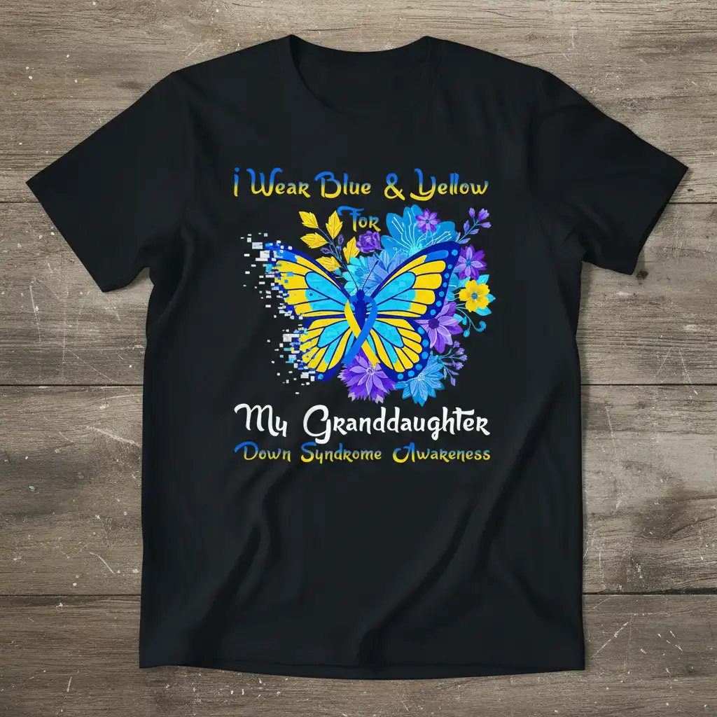 I Wear Blue & Yellow For My Granddaughter Down Syndrome Awareness quote with butterfly and flowers graphic