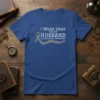 I Wear Gray For My Husband Glioblastoma Awareness text with gray ribbon graphic on blue t-shirt