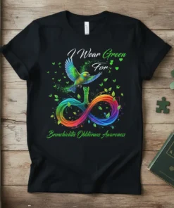 T-shirt with "I Wear Green For Bronchiolitis Obliterans Awareness" text, featuring a colorful infinity symbol, a bird, and green leaves
