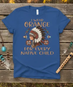 I Wear Orange For Every Native Child t-shirt design with Native American woman illustration and feathers
