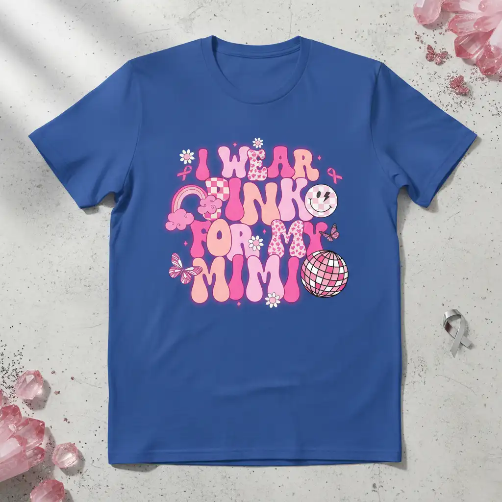 I Wear Pink For My Mimi retro graphic t-shirt design with pink ribbon and rainbow