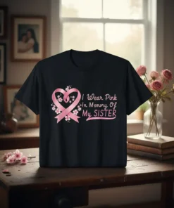 T-shirt with pink ribbon forming a heart, saying "I Wear Pink In Memory Of My SISTER" for breast cancer awareness