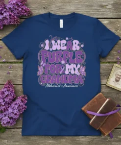 Navy t-shirt with "I Wear Purple For My Grandma" text and Alzheimer's Awareness ribbon graphic