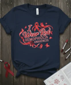 I Wear Red Hemophilia Awareness T-Shirt with red ribbon and butterflies graphic