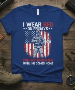 I Wear Red On Fridays For My Brother T-Shirt design with soldier and American flag graphic, dog tags, and patriotic