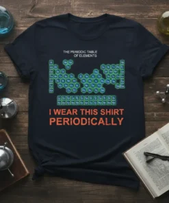 Navy t-shirt featuring the periodic table of elements and the text "I Wear This Shirt Periodically" in orange lettering