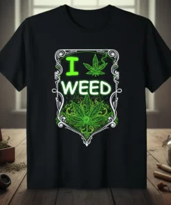 I Weed t-shirt design with bold green marijuana leaf graphic and decorative frame