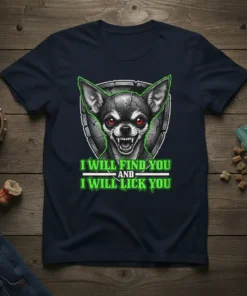 I Will Find You And I Will Lick You quote with a fierce chihuahua graphic on a navy t-shirt