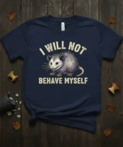 I Will Not Behave Myself opossum graphic t-shirt with vintage distressed font