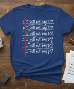 White text on a blue t-shirt reads "I will not say 6*7" repeatedly, with a red line down the left