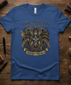 I Will Not Yield To Disrespectful Men quote with winged warrior graphic on blue t-shirt